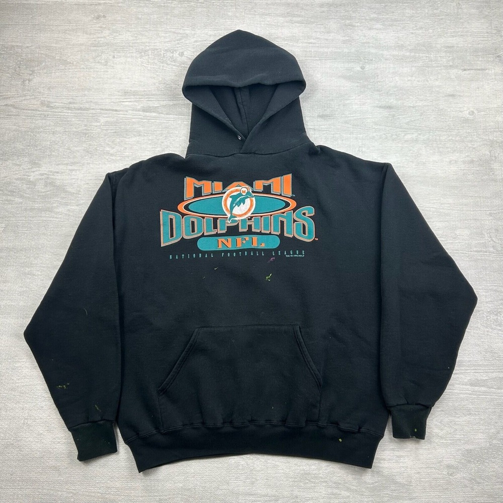 Vintage Miami Dolphins Sweatshirt Adult XL Black Hoodie‎ Chalk Line Football